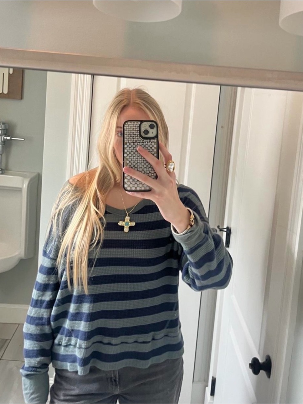 American Eagle Outfitters Blue and Gray Off-the-Shoulder Striped Sweater